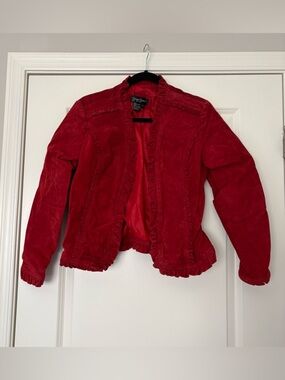 Vintage Prosper & Devine Women’s Brught Red Ruffle-Trim Suede Leather Jacket